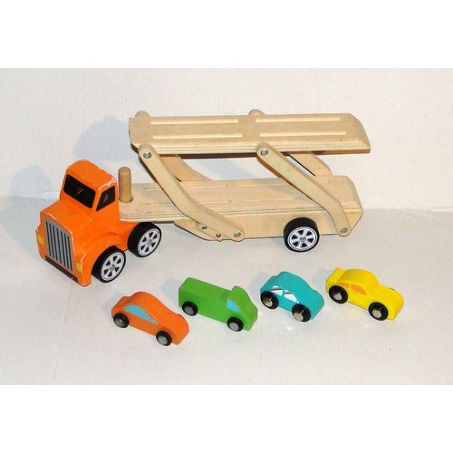 Camion En Bois Sidj + Remorque Double Pont Et 4 Voitures En Bois 31 Cm