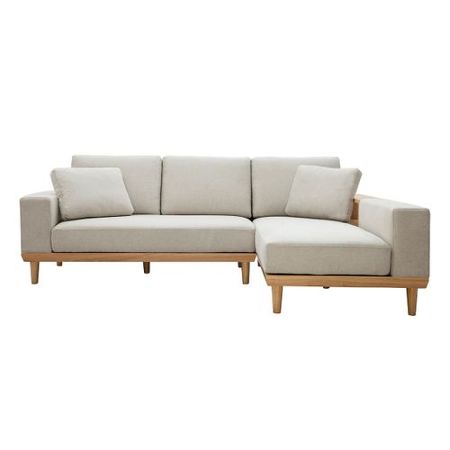 Canapé D'angle Droit 5 Places Avec Rangements Tissu Effet Velours Texturé Beige Et Bois Clair Komao