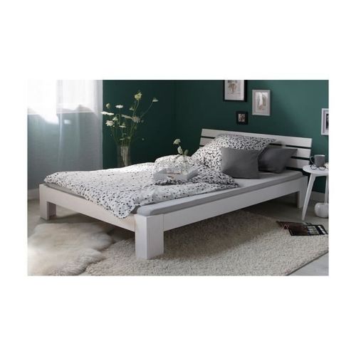 Lit Double En Bois Massif 180x200cm Blanc Pin Lit Futon A Lattes Cadre De Lit