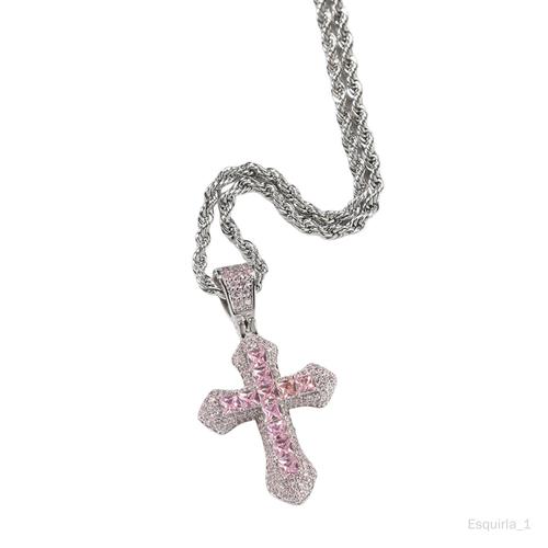 Trendy Zircon Cross Necklace Charms Jewelry Avec Chaîne En Acier Inoxydable, Rose B-Rose