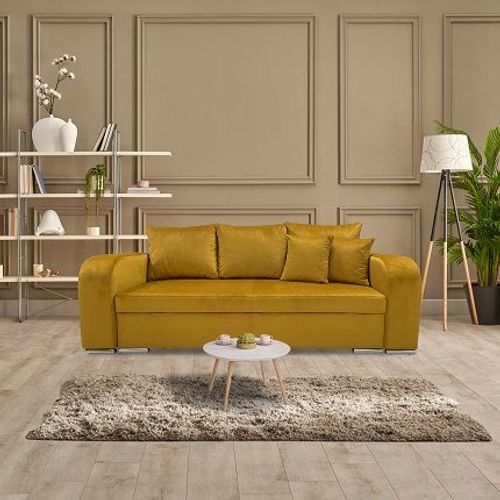 Canapé 3 Places Convertible En Velours Moutarde - Fullspace