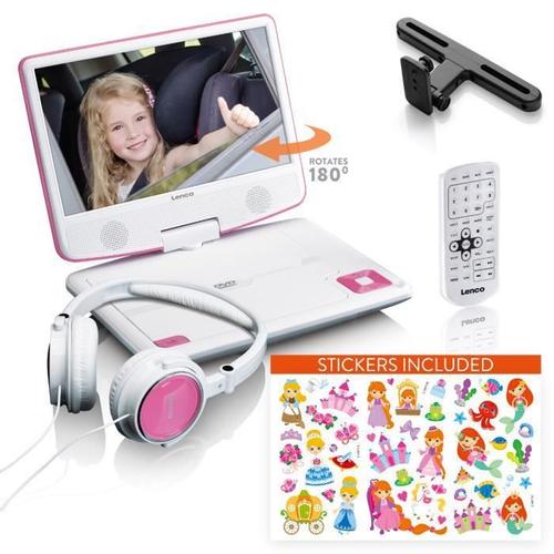 Lecteur DVD portable de 9 pouces avec casque, port USB et dispositif de suspension - Lenco - DVP-920PK - Rose.