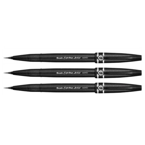 Pentel Arts Lot De 3 Stylos Feutre Sign Pen Artist Pointe Pinceau Extra Fine Noir