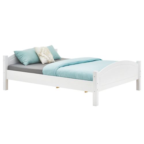 Lit Double Flims 140 X 190 Cm Pour Adulte Et Enfant, Avec Tête Et Pieds De Lit Arrondi, En Pin Massif Lasuré Blanc