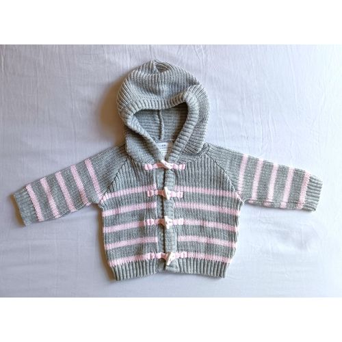 Gilet Gris A Rayures Rose A Capuche. Babou. Laine Acrylique. Taille 6 Mois