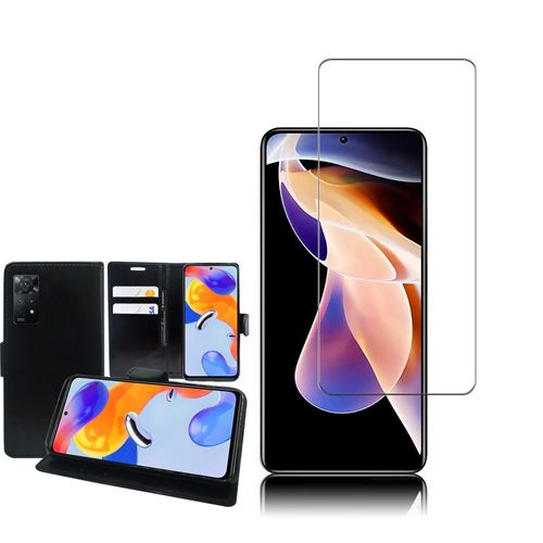 Etui Portefeuille Pour Xiaomi Redmi Note 11 Pro/ Note 11 Pro 5g 6.67" Support Video Cuir Pu - Noir + 1 Film Verre Trempé - Transparent