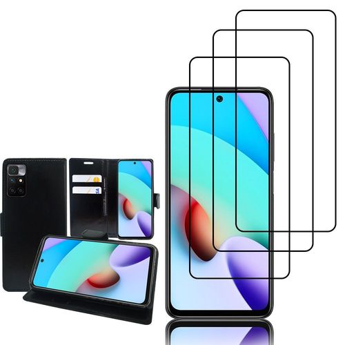 Etui Portefeuille Pour Xiaomi Redmi 10 Prime 2022 6.5" Support Video Cuir Pu - Noir + 3 Films Verre Trempé - Noir