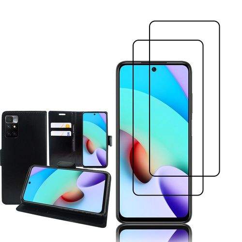 Etui Portefeuille Pour Xiaomi Redmi 10 Prime 2022 6.5" Support Video Cuir Pu - Noir + 2 Films Verre Trempé - Noir
