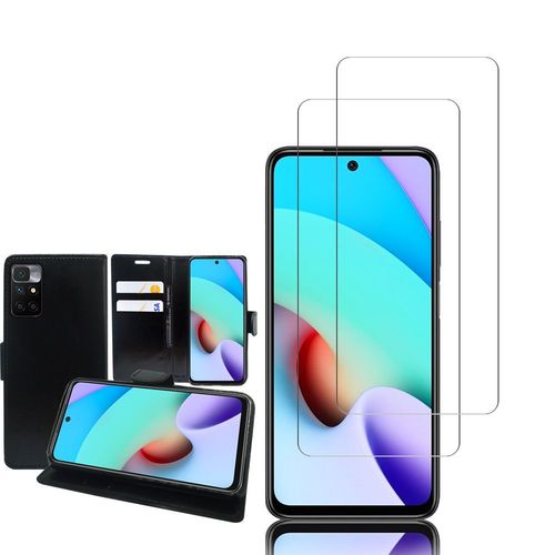 Etui Portefeuille Pour Xiaomi Redmi 10 Prime 2022 6.5" Support Video Cuir Pu - Noir + 2 Films Verre Trempé - Transparent
