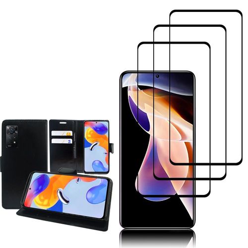 Etui Portefeuille Pour Xiaomi Redmi Note 11 Pro/ Note 11 Pro 5g 6.67" Support Video Cuir Pu - Noir + 3 Films Verre Trempé - Noir