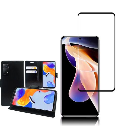 Etui Portefeuille Pour Xiaomi Redmi Note 11 Pro/ Note 11 Pro 5g 6.67" Support Video Cuir Pu - Noir + 1 Film Verre Trempé - Noir