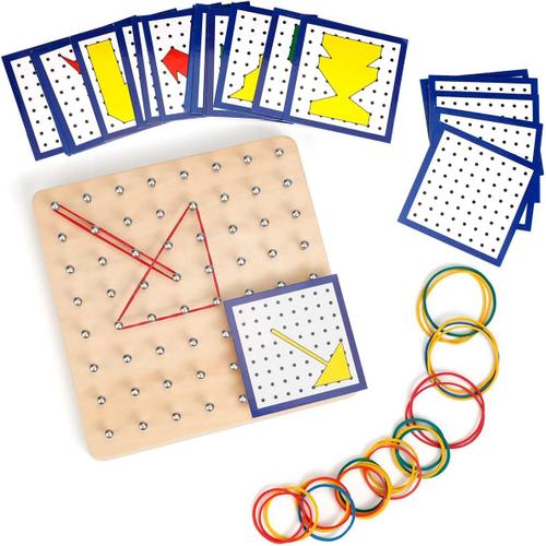 Jouet Montessori Géoboard En Bois Puzzle Avec Cartes De Motifs Et Rubber Band, 8x8 Épingles Pegboard Jeu Maternelle Forme Puzzle