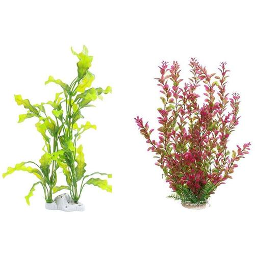 Ornement Plante En Plastique Pour Aquarium 2 Pièces, Vert Et Vert-Rose