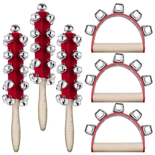 Cloches De Noël À Main En Bois, 6 Pièces, Clochettes De Traîneau À Main En Bois, Clochettes À Poignée Rouge, Hochets Musicaux