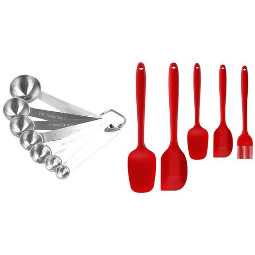 2 Set Accessoires De Cuisine: 1 Ensemble De Tasse À Mesurer En Acier Inoxydable Et 1 Set Antiadhésif Résistant À La Chaleur De Gel De Silice Spatule Ensemble