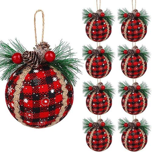 Boule À Carreaux De Noël, 9 Pièces, 3 Pouces, En Tissu, En Forme De Buffle Rouge, Boule Suspendue Pour Arbre De Noël