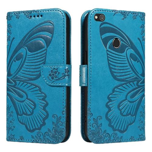 Flip Étui Pour Honor 8 Lite Cuir De Haute Qualité Avec Fente Pour Carte De Crédit Sangle De Main Détachable Papillon En Relief - Bleu