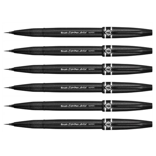 Pentel Arts Lot De 6 Stylos Feutre Sign Pen Artist Pointe Pinceau Extra Fine Noir