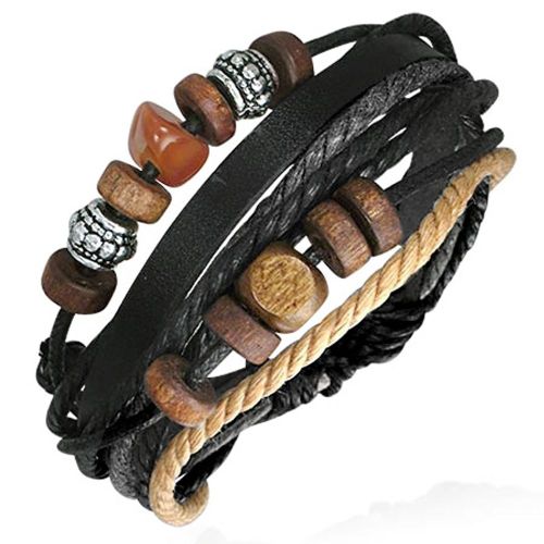 Zense - Bracelet Homme Cuir Ajustable Perles Bois Acier Symbole De Karma Zb0106