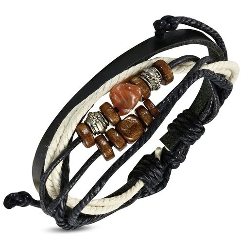 Zense - Bracelet Homme Cuir Noir Multi-Couleurs Bois Acier Ajustable Zb0078