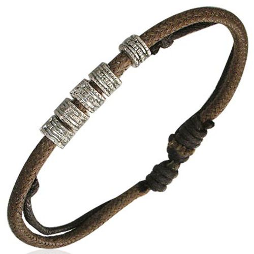 Zense - Bracelet Homme Élégant Cuir Clair Avec Anneaux Acier Ajustable Zb0058