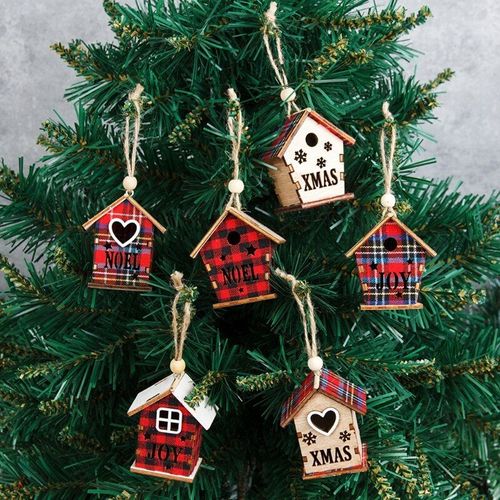 Pendentif Suspendu En Bois, Artisanat En Bois, Ornements D'arbre De Noël, Avec Flocons De Neige, Étoile, C¿Ur, Maison En Bois Rouge De Joie, 6 Pièces