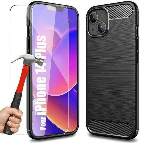 Coque Pour Iphone 14 Plus Silicone Motif Fibre De Carbone Noir + 2 Verres Trempes