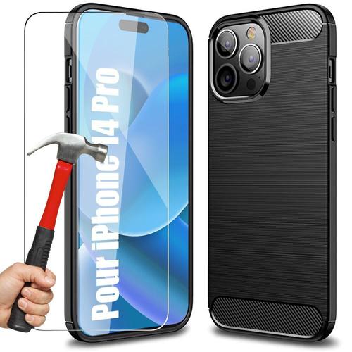 Coque Pour Iphone 14 Pro Silicone Carbone Noir + 2 Verres Trempes Protection