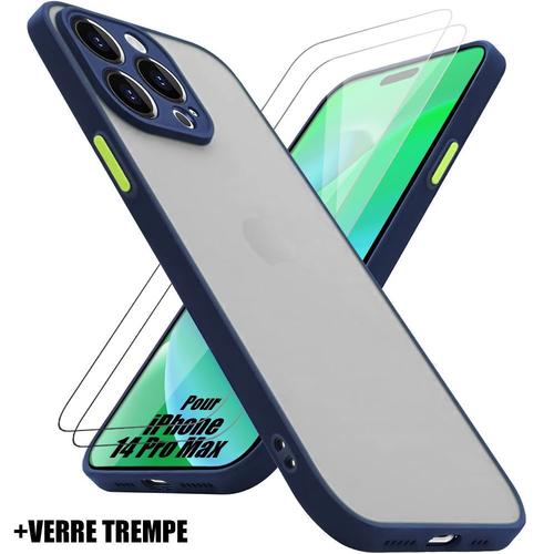 Coque Iphone 14 Pro Max Silicone Antichoc Bleu Marine + 2 Verres Trempes Protection