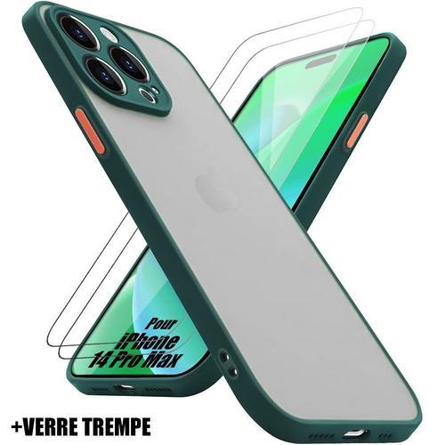 Coque Pour Iphone 14 Pro Max Slim Silicone Mat Vert Nuit + 2 Verres Trempes