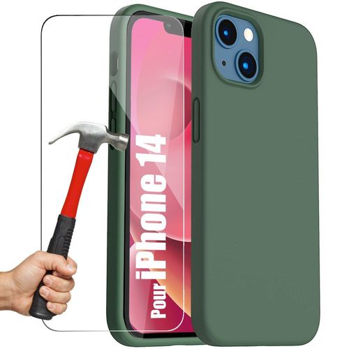 Coque Silicone Pour Iphone 14 Vert Nuit Antichoc + 2 Verres Trempes Protection