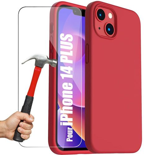 Coque Silicone Rouge Pour Iphone 14 Plus + 2 Verres Trempes Antichoc