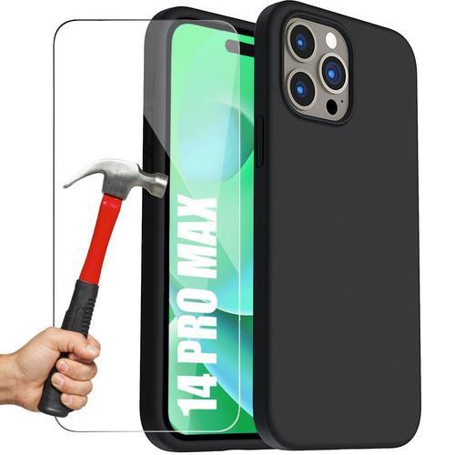 Coque Silicone Noir Pour Iphone 14 Pro Max + 2 Verres Trempes Protection