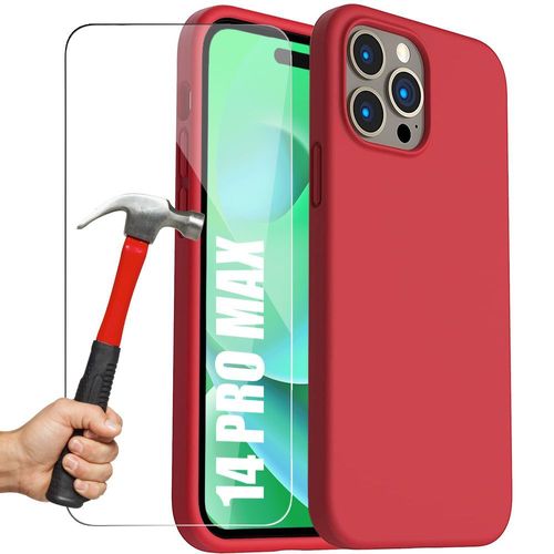 Coque Pour Iphone 14 Pro Max Silicone Rouge Et 2 Verres Trempes Antichoc