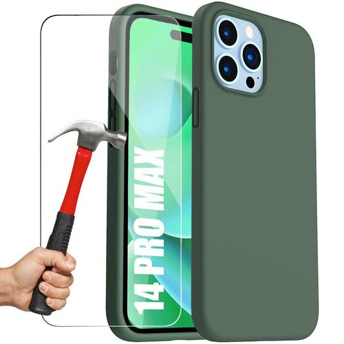 Coque Pour Iphone 14 Vert Nuit Silicone Slim + 2 Verres Trempes Protection Antichoc