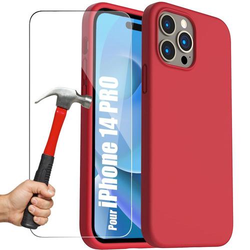 Coque Silicone Pour Iphone 14 Pro Rouge Antichoc Avec 2 Verres Trempes