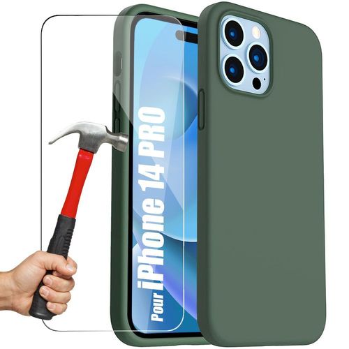 Coque Silicone Vert Nuit Pour Iphone 14 Pro + 2 Verres Trempes Antichoc