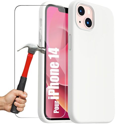 Coque Silicone Pour Iphone 14 Mat Blanc Antichoc + 2 Verres Trempes