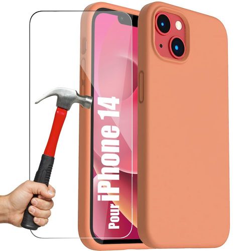 Coque Pour Iphone 14 Orange Mat Protection Silicone + 2 Verres Trempes