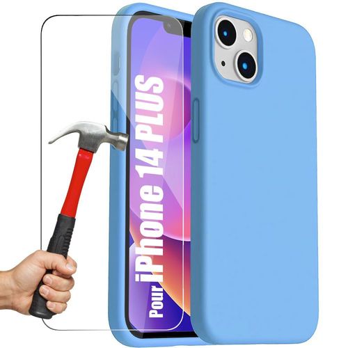 Coque Pour Iphone 14 Plus Silicone Bleu Et 2 Verres Trempes Protection