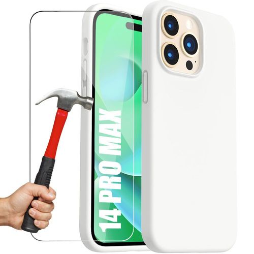 Coque Pour Iphone 14 Pro Max Silicone Blanc Et 2 Verres Trempes Protection D'ecran