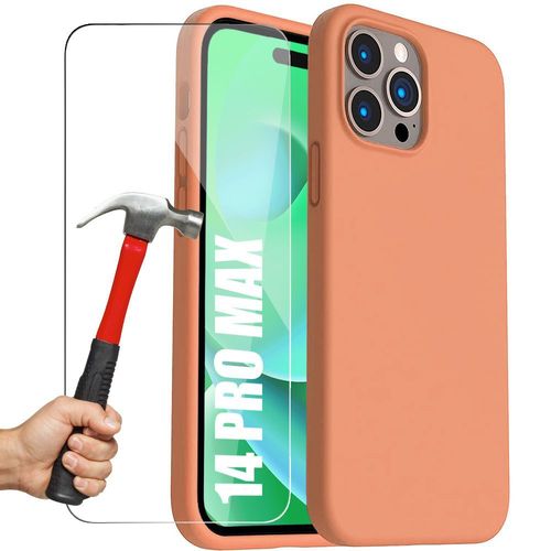 Coque Pour Iphone 14 Pro Max Silicone Orange Et 2 Verres Trempes Protection