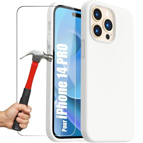 Coque Silicone Blanc Pour Iphone 14 Pro + 2 Verres Trempes Protection D'ecran