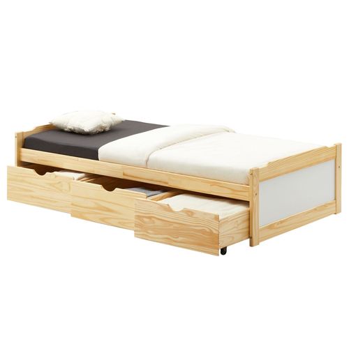 Lit Fonctionnel Mia Avec Rangements 3 Tiroirs 90 X 190 Cm, En Pin Massif Naturel