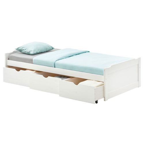 Lit Fonctionnel Mia Avec Rangements 3 Tiroirs 90 X 190 Cm, En Pin Massif Lasuré Blanc