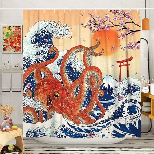 Rideau de douche japonais drôle de poulpe,soleil,aucune fleur,vagues de la mer,mont Fuji,art moderne,rideaux de bain,gril,décoration d'intérieur