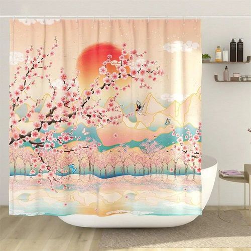 Rideau de douche japonais drôle de poulpe,soleil,aucune fleur,vagues de la mer,mont Fuji,art moderne,rideaux de bain,gril,décoration d'intérieur