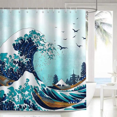 Rideau de douche japonais drôle de poulpe,soleil,aucune fleur,vagues de la mer,mont Fuji,art moderne,rideaux de bain,gril,décoration d'intérieur