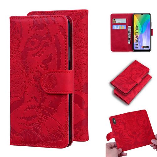 Huawei Y6p Coque, Saturcase Embossage De Tigre Pu Cuir Magnétique Flip Portefeuille Support Porte-Carte Protecteur Housse Étui Pour Huawei Y6p (Rouge)