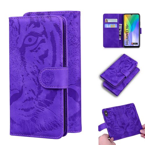 Huawei Y6p Coque, Saturcase Embossage De Tigre Pu Cuir Magnétique Flip Portefeuille Support Porte-Carte Protecteur Housse Étui Pour Huawei Y6p (Violet)